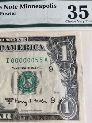 $1 1963A_MINNEAPOLIS_Low 2 Digit Serial No. I00000055A_PMG 35_EPQ_ ( Binary !) - Image 1 of 4
