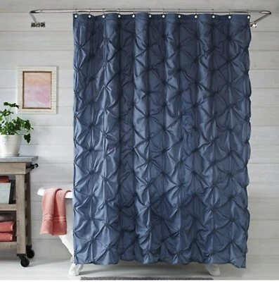 Denim Blue Pinch Pleated Pintuck Pearl Hooks Fabric Shower Curtain 72"x72" - Image 1 of 4