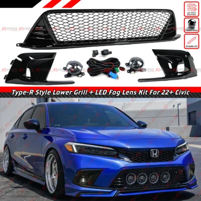 FOR 2022-24 CIVIC GLOSS BLACK TYPE-R STYLE FRONT LOWER GRILL + LED FOG LENS KIT - Image 1 of 4