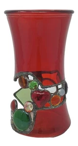 Studio Art Glass Abstract Candle Holder Vase Red Stained Glass Fused Sculpture - Picture 1 of 7