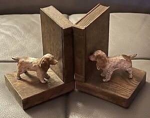 Pair Of Early c20th Metal Cast Dog Bookends On Wood Bases