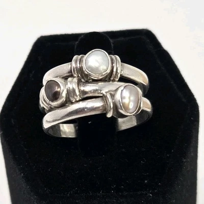 Sterling Silver Pearl 3 Ring Stacking Set Sz 7 7.5 5.7g - Image 1 of 4