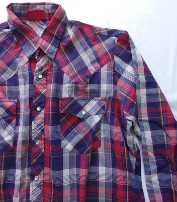 Camisa De Colección Años 70 80 Western Pearl A Presión A Cuadros Manga Larga Grande Roja Blanca Azul Foto 1 de 4