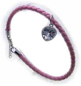 Pulsera brazalete mujer plata real 925 corazón circonita cuero rosa plata de ley - Imagen 1 de 2
