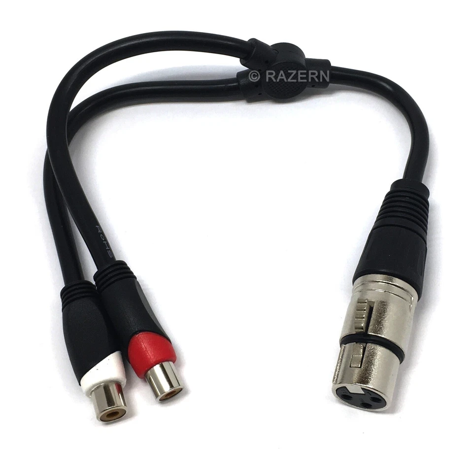 NEW XLR Female 3-Pin Connector to 2-RCA Jacks Stereo Microphone Adapter 1' Cable - Image 1 of 2