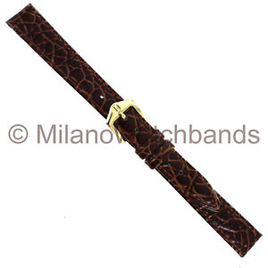 12mm Hirsch Crocograin Brown Genuine Leather Stitched Ladies Watch Band Regular