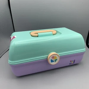 Vtg Caboodles Make Up Case Model 5625 Teal Purple Mirror 2 Tier Vanity Travel - Picture 1 of 16