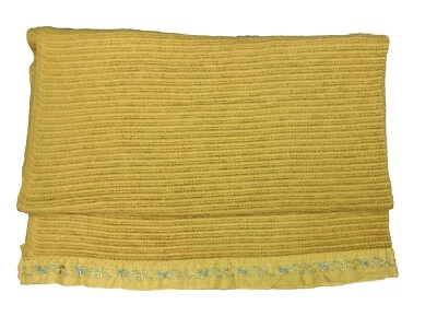 Vintage Floral Embroidered Satin Trim Waffle Weave Gold Acrylic Blanket 93" x 73 - Image 1 of 4