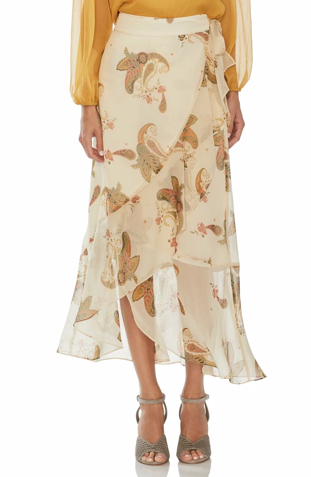 Vince Camuto Womens Wrap Sarong Midi Skirt Beige Size 0 Paisley Ruffle 660