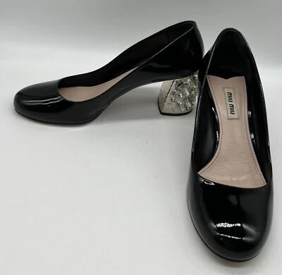 Miu Miu Black Patent Leather Crystal Embellished Heel Closed Toe Pumps sz 38 - Image 1 of 4