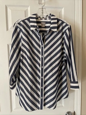 Chicos Mujer Talla 2 Preciosa Blusa Azul Blanco Rayas Botón Sin Plancha Foto 1 de 3