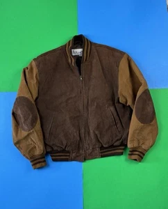 Vintage 90s Bomber Jacket Suede Leather Size Medium Coat Brown Tan Full Zip - Picture 1 of 7