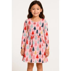 Hanna Andersson rosa Weihnachtsbaum Wirbel Kleid Kinder 10 Langarm Urlaub - Bild 1 von 10