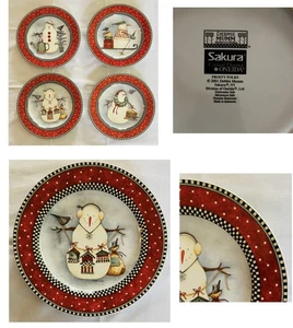 VINTAGE Sakura Christmas Plates 8" Debbie Mumm 2001 Frosty Folks EXCELLENT 4-PC - Picture 1 of 10