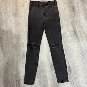 American Eagle Super Hi-Rise Jegging Donna 8 Lungo Nero Elasticizzato Invecchiato - Foto 1 di 7