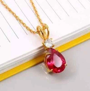 Lab-Created Red Ruby 2.50Ct Pear Cut Halo Women's Pendant 14K Yellow Gold Plated - Picture 1 of 4