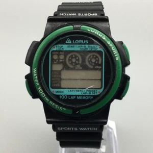 Vintage Lorus Sports Watch Men VW358-0A08 Black Green BROKEN FOR PARTS REPAIR - Picture 1 of 14