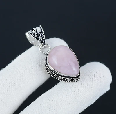 Naturale Quarzo Rosa Gemma 925 Pendente Argento Sterling Per Compleanno Regali - Immagine 1 di 4