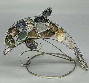 Wire-Sculpted Semi-Precious Gemstone Dolphin Centerpiece Handmade Sculpture - Picture 1 of 8