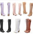 Womens Lace Up Lolita Bowknot Shoes Chunky Heels Knee High Boots 