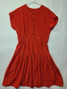 Vintage '80s Women's Dress Size M Red U Neck Short Sleeve Button Up Midi W/ Belt - Picture 1 of 17
