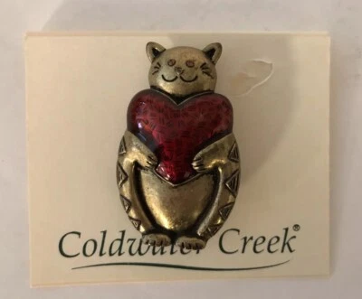 Nuevo Pin Gatito San Valentín Gato Firmado Coldwater Creek Esmalte Rojo Corazón Foto 1 de 4