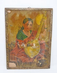 Vintage Paper Litho Print Musician Lady Subject Original Old With Frame - Picture 1 of 3