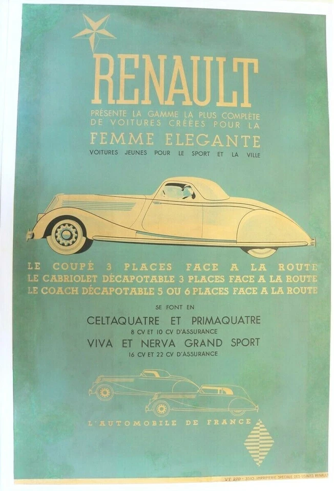 AFFICHE ORIGINALE RENAULT coupé cabrio CELTA PRIMA VIVA NERVA GD SPORT 1934-39 - Photo 1/4