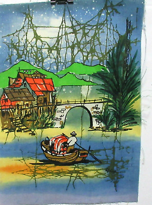 Malaylsian Village Boat Bridge Original Batik Painting Signed • 150$