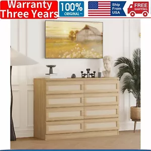 ๐ท8 Drawers Double Dresser for Bedroom Rattan Chest of Dressers Modern Wooden - Picture 1 of 8