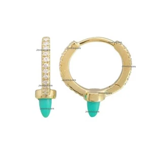 Natural Diamond & Arizona Turquoise Spike Hoop Earrings In Solid 14k Yellow Gold - Picture 1 of 3