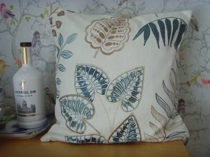 MADE in EMBROIDERED ART DECO PRINT BLUE CREAM FABRIC CUSHION COVER 16in pad - Picture 1 of 2