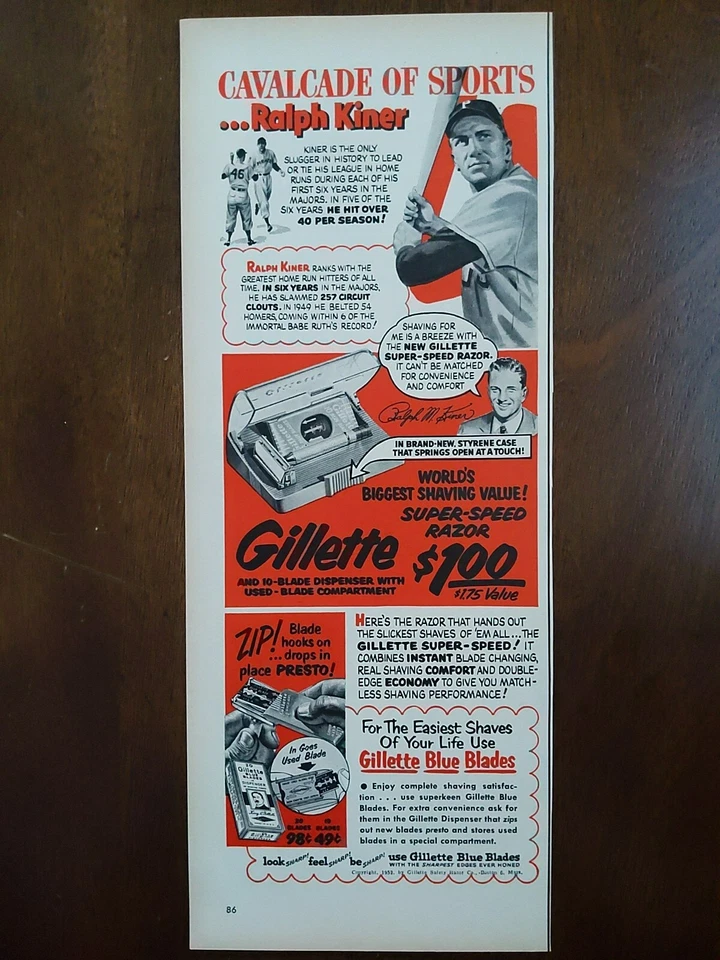 Anuncio impreso Gillette 1952 vintage. Ralph Kiner, Piratas de béisbol de Pittsburgh Foto 1 de 1