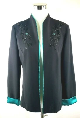 Perceptions Blazer Long Sleeve Open Front Beaded Black Teal Womens 6P - Image 1 of 4