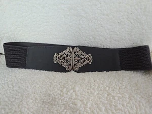 Womens Elastic Stretch 2.25 Inch Gray Belt, Metallic Silver Toned Buckle Sz M/L - Picture 1 of 9