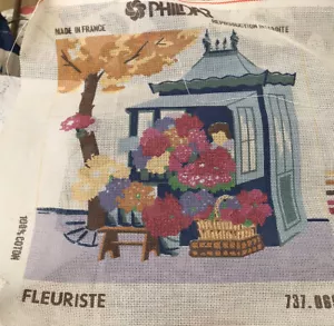 French Needlepoint Canvas flower shop 11 1/2” X 11 1/2” pillow Paris florist - Picture 1 of 9