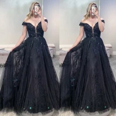 Vestidos de novia góticos negros al hombro sin mangas apliques de encaje vestidos de novia Foto 1 de 4