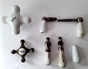 Antique Vintage Hot Cold Porcelain Faucet Handles Sink Plumbing Tub Lot Of 7 - Picture 1 of 1