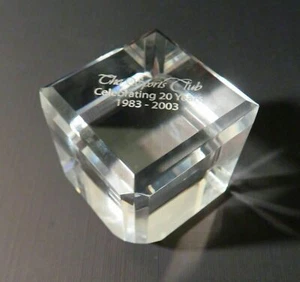 Square Crystal Paperweight "The Sports Club Celebrating 20 Years. 2003" 1-1/2" - Picture 1 of 6