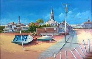 Original Ölgemälde M. Feinerman Küste Boote Strand Große Seen Wisconsin ? - Bild 1 von 12