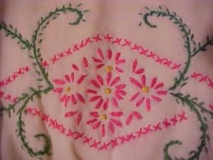 EMBROIDERED PILLOWCASES, PINK and GREEN FLOWERS, WHITE CROCHET, VINTAGE - Picture 1 of 2