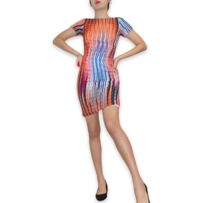 TracyReese Artsy Multicolor Stripe Psychedelic Print Ruched Bodycon Silk Dress 0 - Image 1 of 4