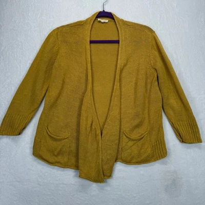 Cardigã Eileen Fisher lã malha suéter bolsos amarelo mostarda feminino tamanho M LEIA - Imagem 1 de 4
