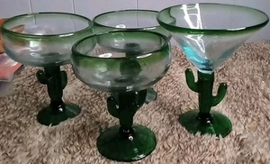 4 MEXICAN HAND BLOWN GREEN RIM THICK CACTUS STEM MARGARITA & Martini Glasses - Picture 1 of 5