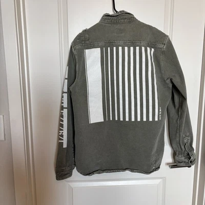 Zara Mens Jacket Size Large Army Green Distressed Denim Military Grunge Punk - Image 1 of 4