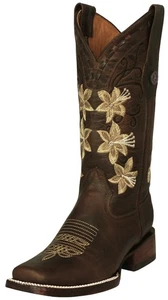 Womens Western Rodeo Boots Brown Square Toe Cowgirl Leather Floral Embroidery - Picture 1 of 5