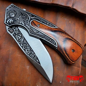 9" Tactical Spring Assisted Folding Open Blade Pocket Knife Blade Wood Handle - Picture 1 of 1