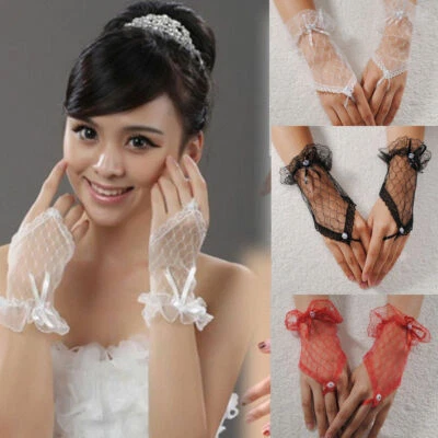 Wedding Bridal Opera Party Prom Costume Gloves Lace Tulle Fingerless Short Glove - Image 1 of 4