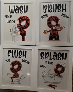 Spiderman Kids bathroom chores framed pictures. Flush, wash, splash, and brush! - Picture 1 of 10