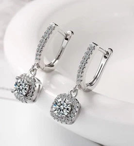 2CT Round Cut Moissanite Diamond Women Drop Dangle Earring 14K White Gold Plated - Picture 1 of 10